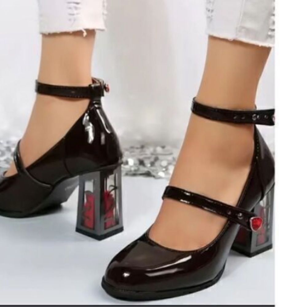 Glossy Black Mary Jane Heels with Unique Transparent Heel